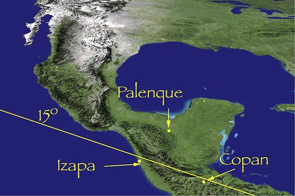 The ancient Maya cities of Copan and Izapa are just south of 15 degrees north latitude.