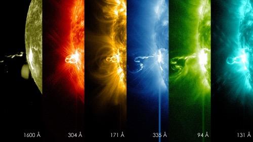 A series of slices of photographs of the edge of the Sun, in different colors, such as red, yellow, blue and green