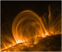 An image of a small portion of the Sun with flares coming out of the surface