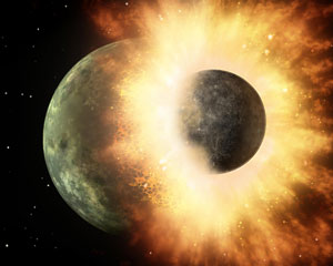 Image shows a celestial body about the size of our Moon slamming at great speed into a body the size of Mercury