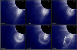 Six images of the Sun, each taken some time after the previous, showing a progression of a CME